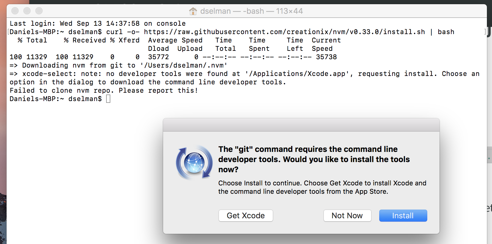 Image of prompt to install xCode