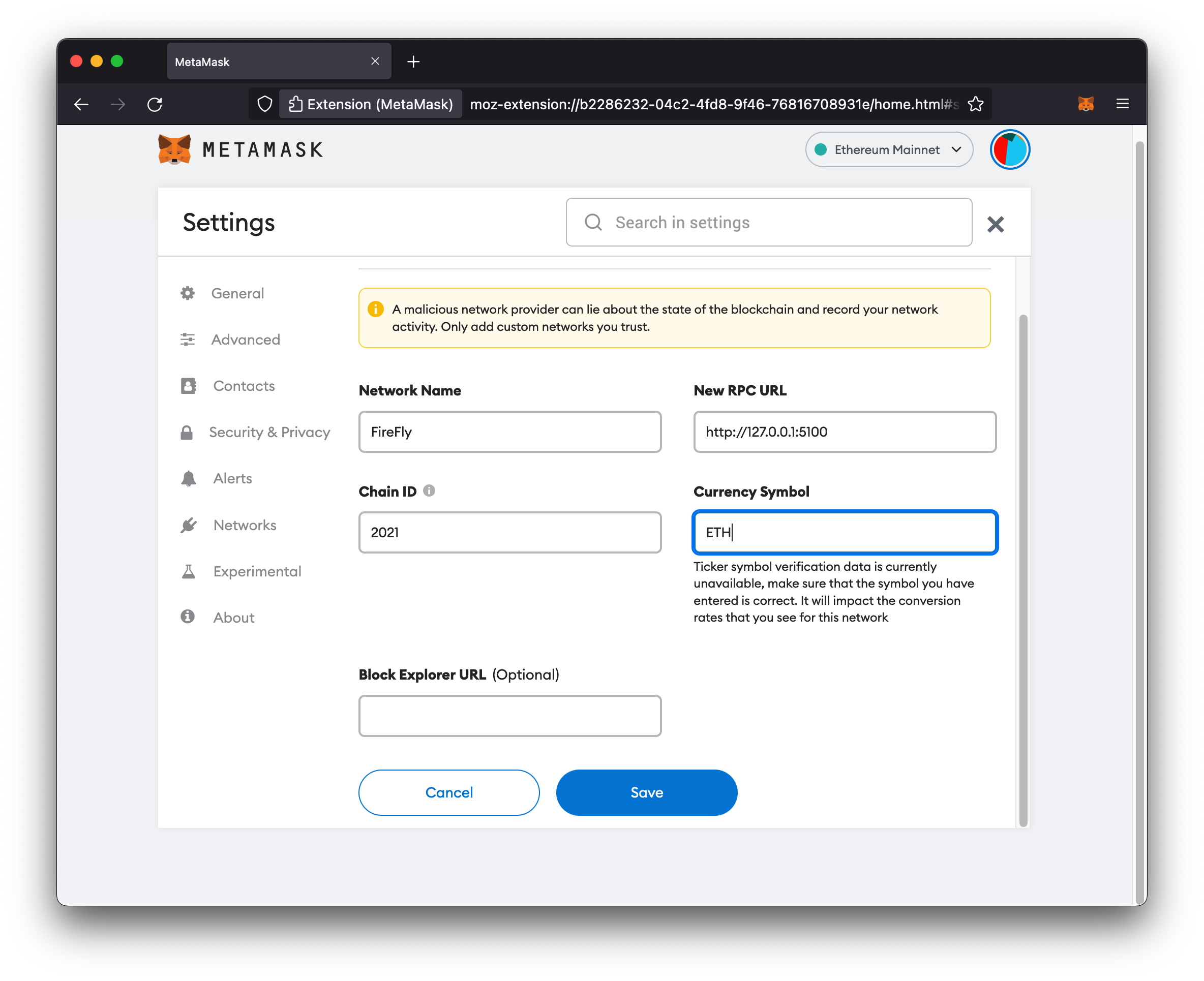 Metamask Network Details